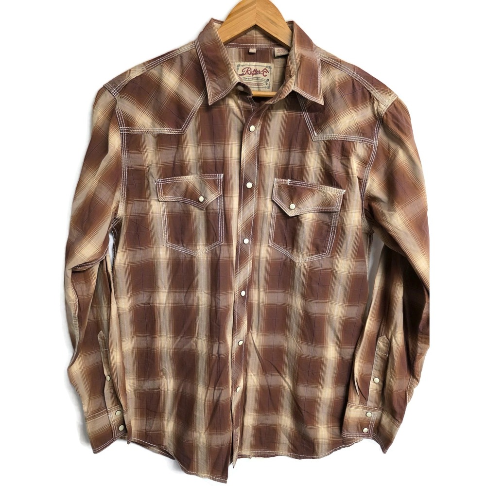 Rafter C Cowboy Collection Mens XL Brown Plaid Western Snap Shirt RC-1441M